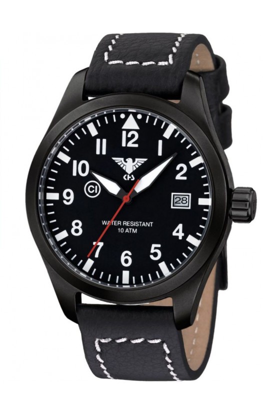AIRBS.LBB Mens Watch Airleader Black Steel Buffalo Leather Strap