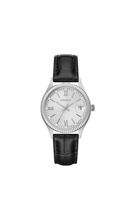 Caravelle Designed by Bulova Women's 43M116 Coin Edge Stainless Black Leather Strap Watch