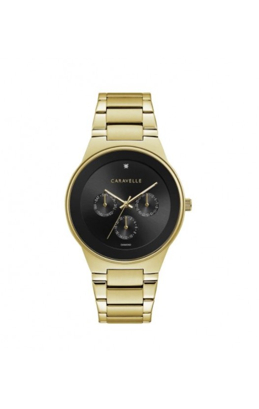 Caravelle by Bulova Mens 44D102 Gold-Tone Multifunction Black Dial Bracelet Watch