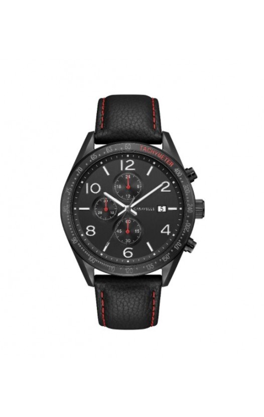 Caravelle by Bulova Mens 45B153 Black IP Stainless Chrono Black Leather Strap Watch