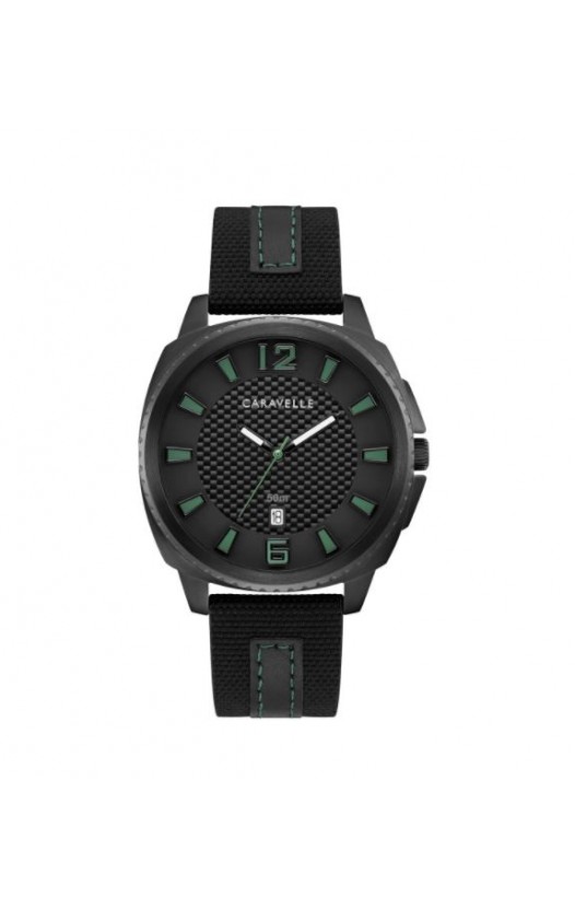 Caravelle by Bulova Mens 45B155 Black IP Stainless Carbon-Fiber Accent Dial Black Nylon Leather Strap Watch