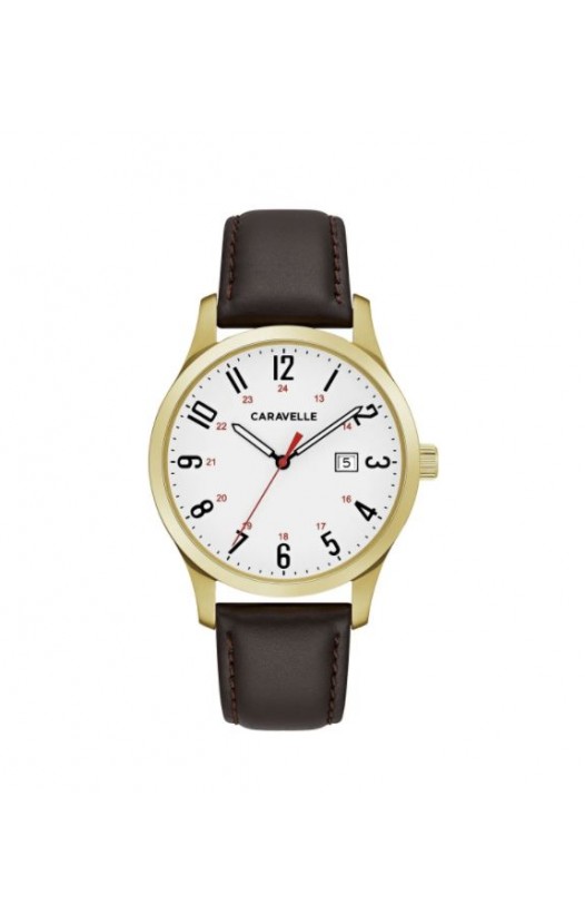 Caravelle Designed by Bulova Men's 44B116 Easy Reader Goldtone Stainless Brown Leather Strap Watch