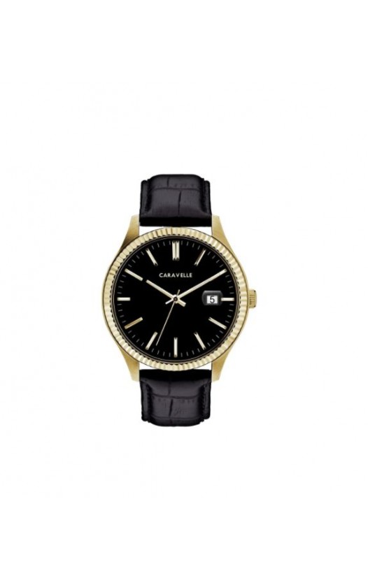 Caravelle Designed by Bulova Men's 44B118 Gold-Tone Stainless Black Leather Strap Watch