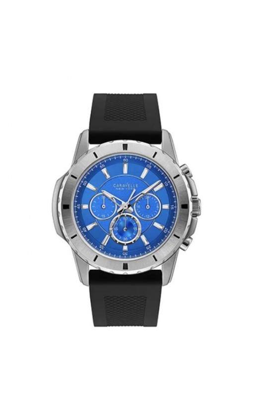 Caravelle Men's 43A138 Stainless Chrono Blue Dial Silicone Strap Watch - Black