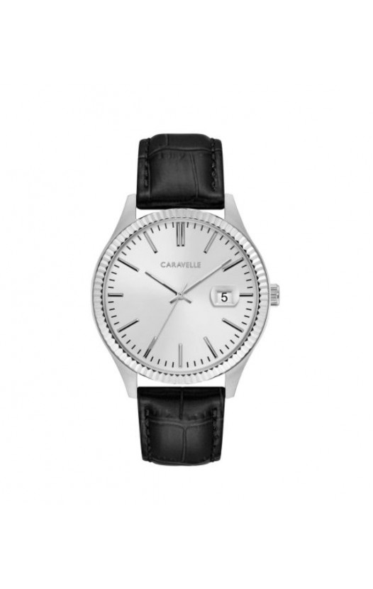 Caravelle Designed by Bulova Men's 43B150 Stainless Coin Edge Bezel Black Leather Strap Watch