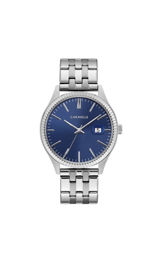 Caravelle Designed by Bulova Men's 43B151 Stainless Coin Edge Bezel Blue Dial Bracelet Watch
