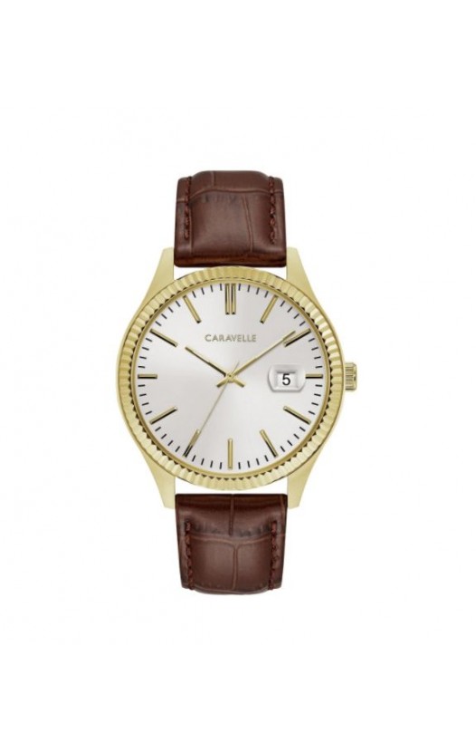 Caravelle Designed by Bulova Men's 44B115 Gold-Tone Stainless Coin-Edge Bezel Brown Leather Strap Watch