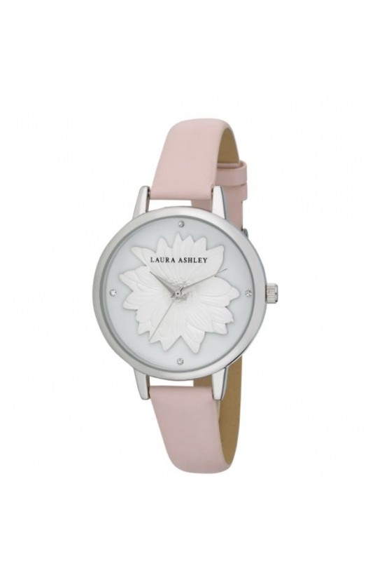 Laura Ashley Womens Silver Round "Flower" Dial Strap Watch