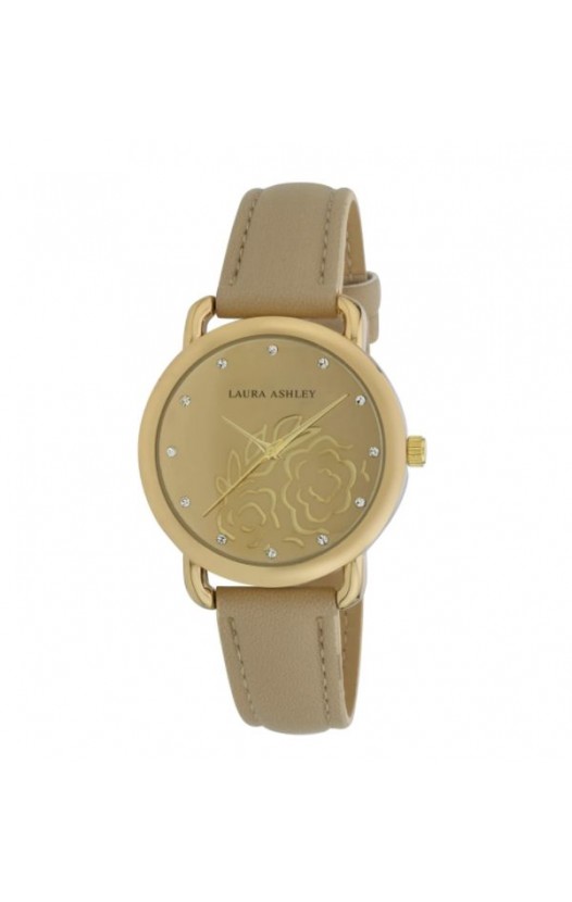 Laura Ashley Womens Gold Floral Mirror Dial Strap Watch