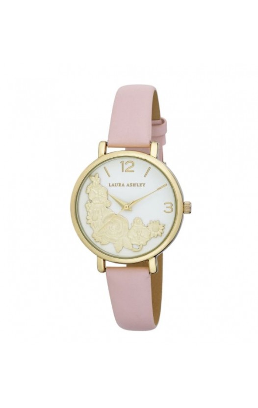 Laura Ashley Womens Gold Round Floral Bounty Strap Watch