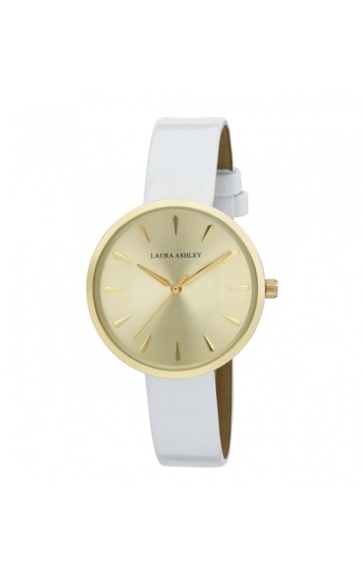 Laura Ashley Womens Gold Round Case With White Strap Watch