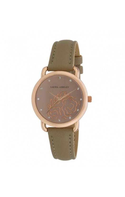 Laura Ashley Womens Rosegold Floral Mirror Dial Strap Watch