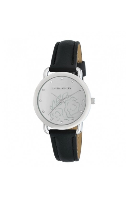 Laura Ashley Womens Silver Floral Mirror Dial Strap Watch