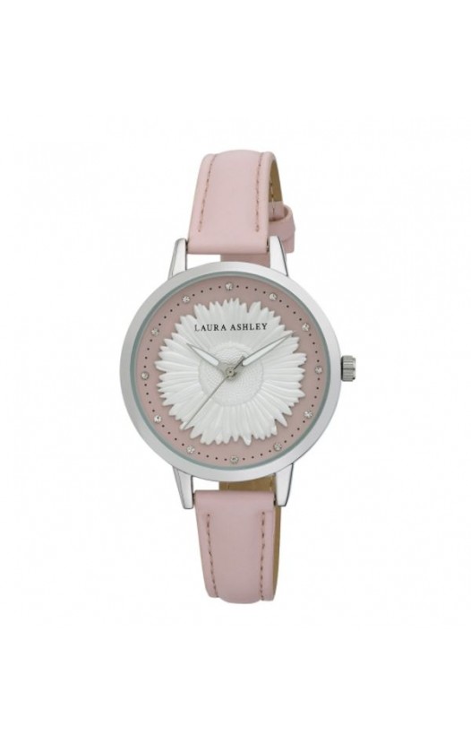 Laura Ashley Womens Silver Round "Sunflower" Dial Strap Watch