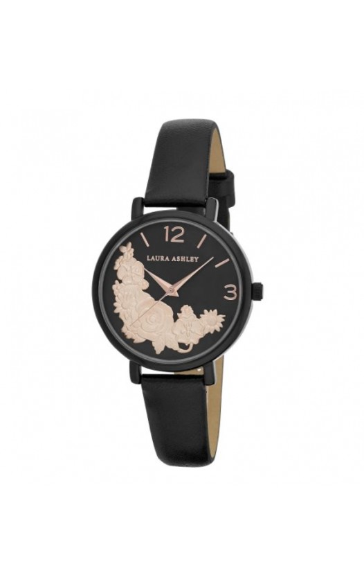 Laura Ashley Womens Black Round Floral Bounty Strap Watch