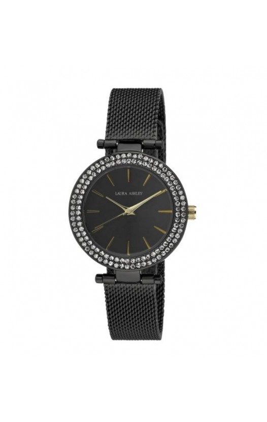 Laura Ashley Ladies Black T-Bar Case Double Stone Bezel Mesh Band Watch