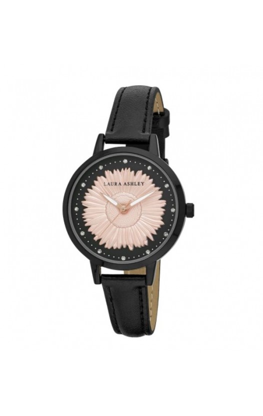 Laura Ashley Womens Black Round "Sunflower" Dial Strap Watch