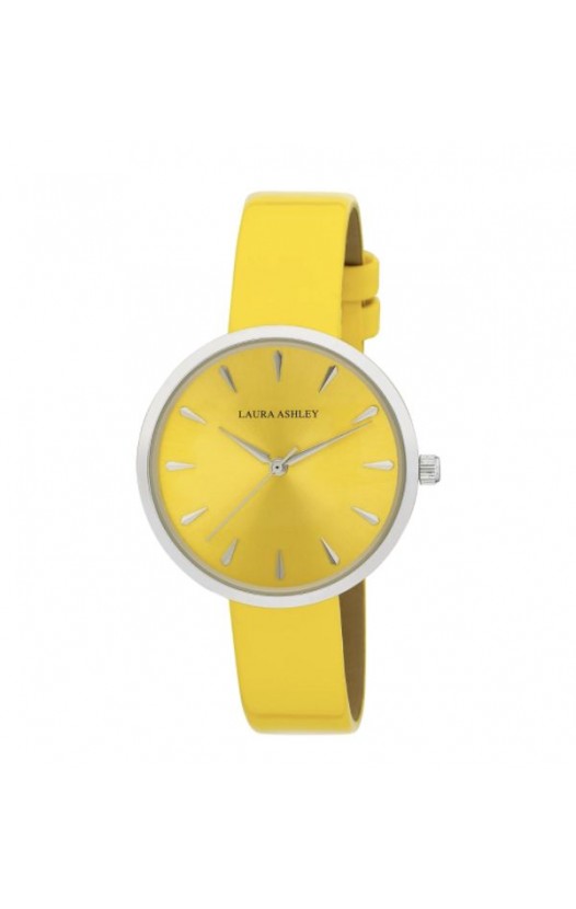 Laura Ashley Womens Silver Round Case With Yellow Strap Watch