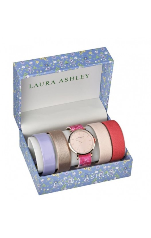 Laura Ashley Womens LASS1101RG Rose Gold Case Floral Strap Watch Set Interchangeable Straps