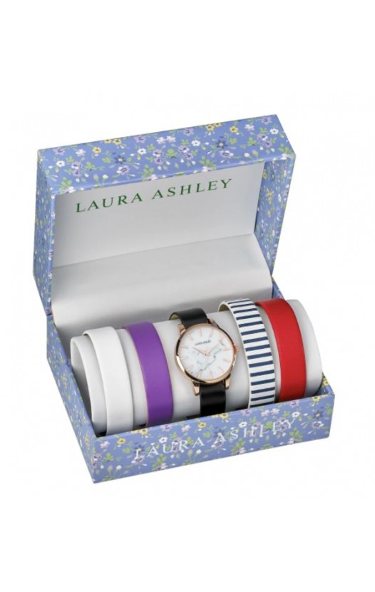 Laura Ashley Womens LASS1105RG Rose Gold Case Solid Strap Watch Set Interchangeable Straps