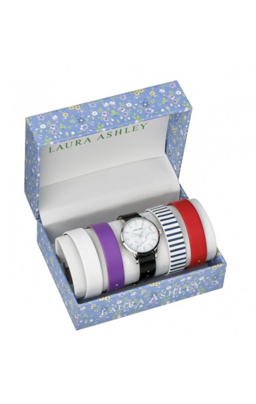 Laura Ashley Womens LASS1105SS Silver Case Solid Strap Watch Set Interchangeable Straps
