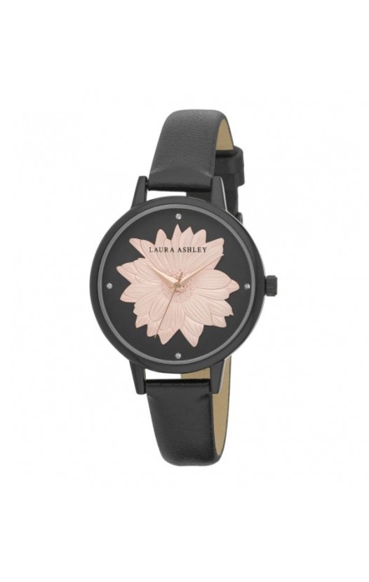 Laura Ashley Womens Black Round "Flower" Dial Strap Watch