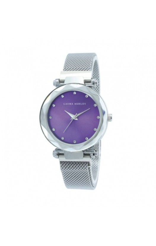 Laura Ashley Womens Silver Strap Purple Dial Facet Bezel Magnet Closure Watch