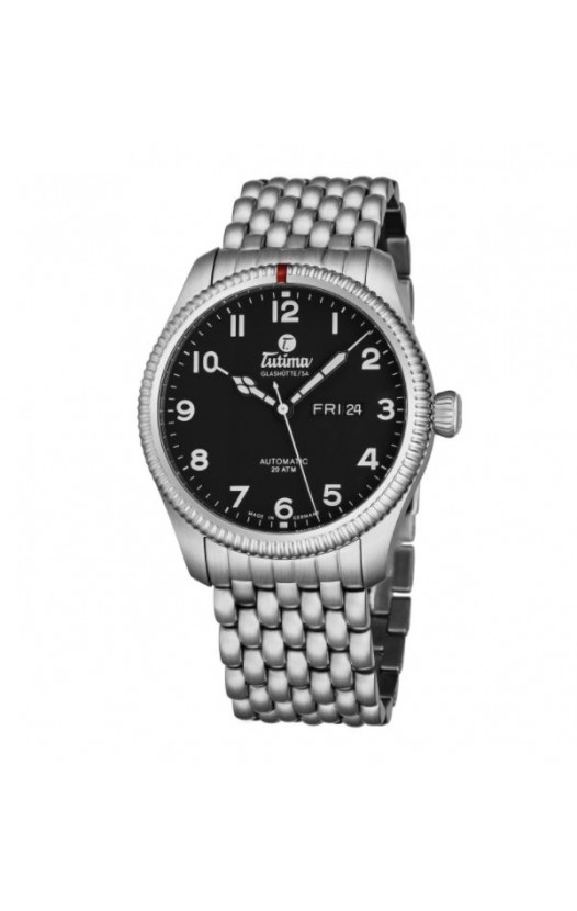 Tutima Men's 6102-02 'Grand Flieger' Black Dial Stainless Steel Date Day German Mechanical Automatic Watch