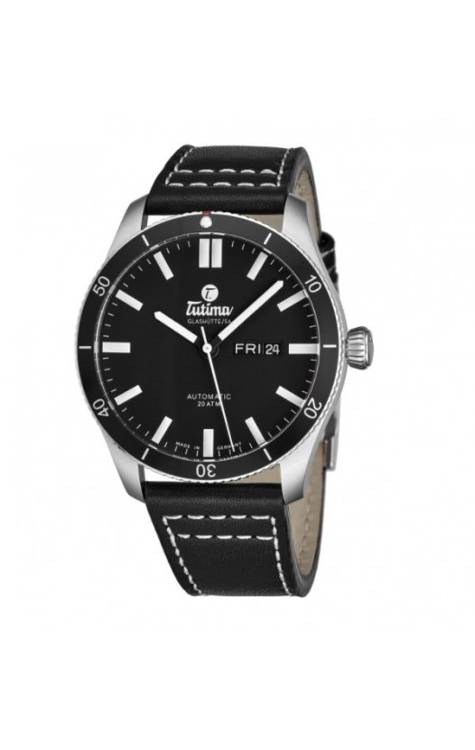 Tutima Men's 6101-01 'Grand Flieger' Black Dial Black Leather Date Day German Mechanical Automatic Watch