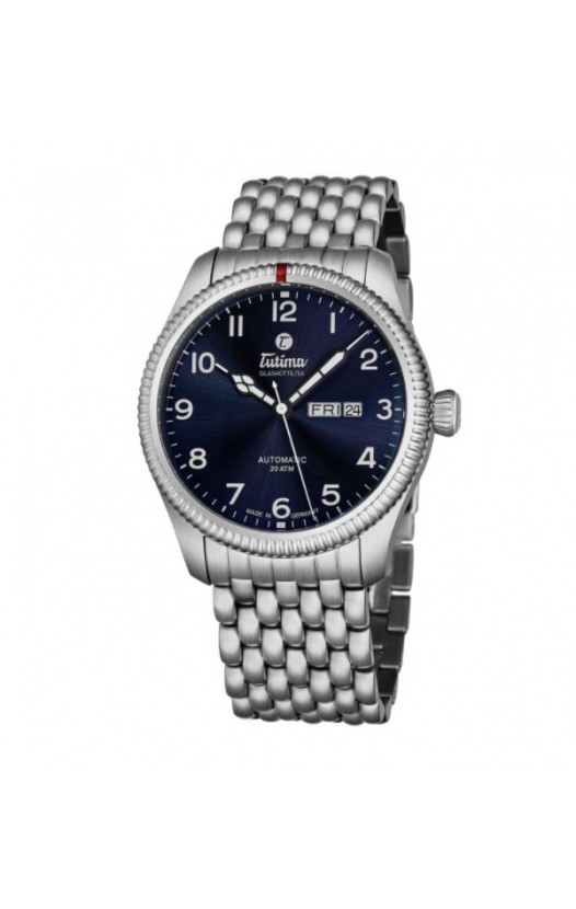 Tutima Men's 6102-6 'Grand Flieger' Blue Dial Stainless Steel Date Day German Mechanical Automatic Watch