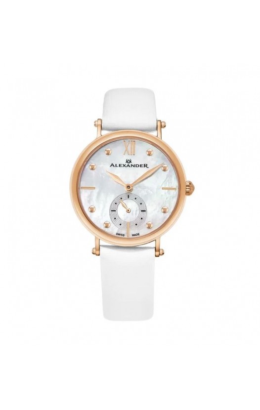 Alexander Women's Swiss Made Roxana White Satin Leather Strap Watch