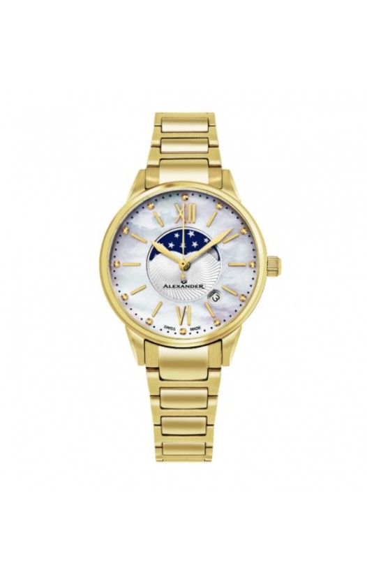 Alexander Women's Swiss Made Moonphase 'Vassilis' Gold Tone Stainless Steel Link Bracelet Watch