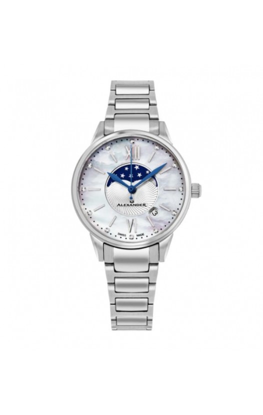 Alexander Women's Swiss Made Moonphase Vassilis Stainless Steel Link Bracelet Watch