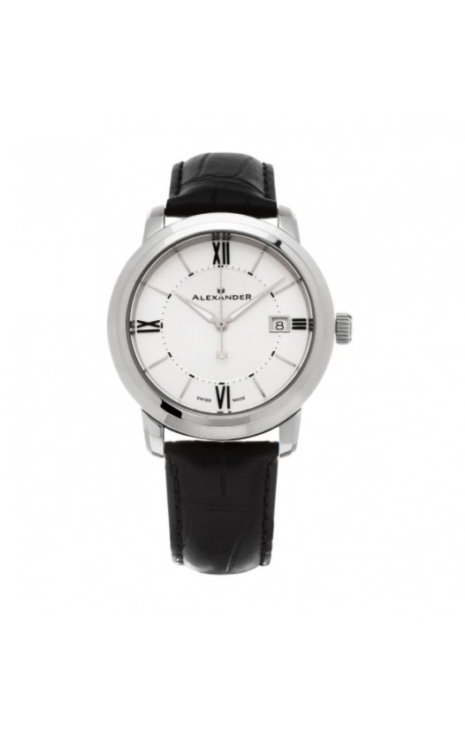 Alexander Men's 'Macedon' Silver Dial Black Leather Strap Date Swiss Quartz Heroic Watch