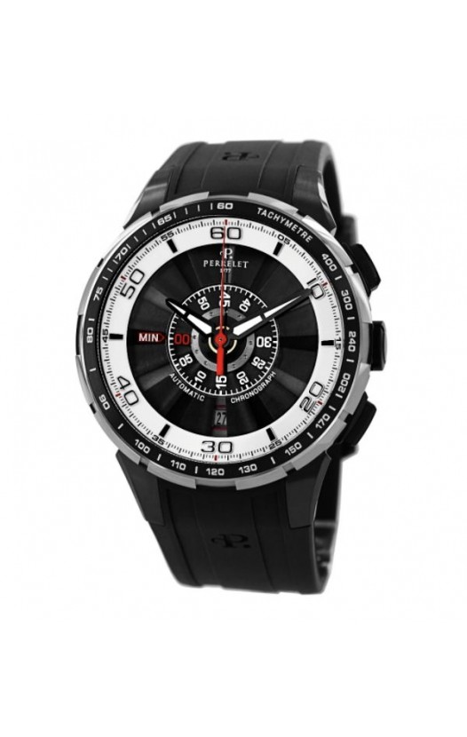 Perrelet Men's A1075/1 'Turbine Chrono' Black/White Dial Black Rubber Strap Automatic Watch