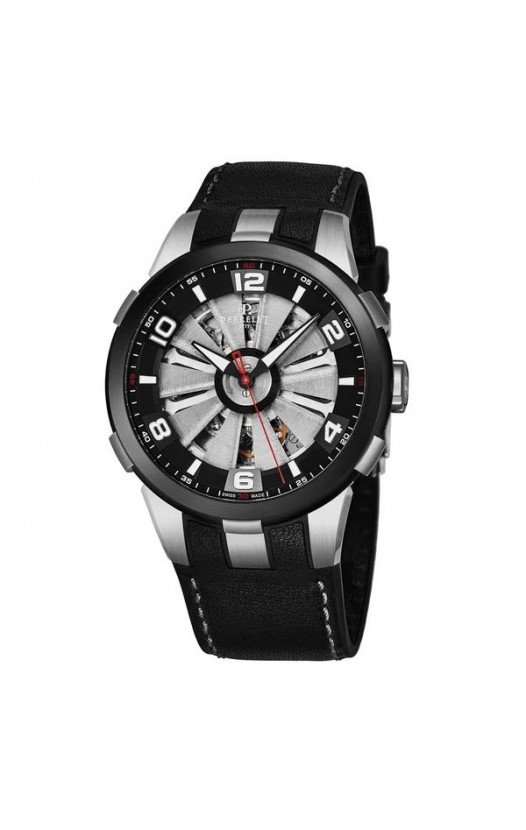 Perrelet Men's A1082/1A 'Turbine Skeleton' Silver Skeleton Dial Black Leather Strap Automatic Watch