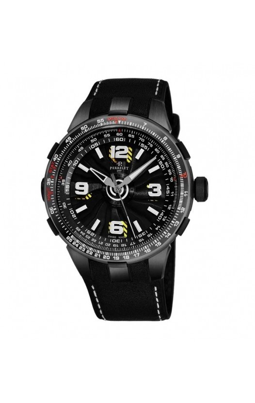 Perrelet Men's A1086/1A 'Turbine Pilot' Black Dial Black Leather Strap Slide Rule Automatic Watch