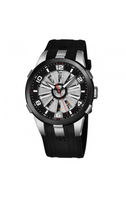 Perrelet Men's A1082/1 'Turbine Skeleton' Silver Skeleton Dial Black Rubber Strap Automatic Watch
