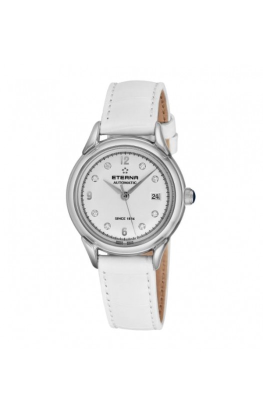 Eterna Women's 2956.41.16.1390 'Heritage 1948 For Her' Silver Diamond Dial White Leather Strap Automatic Watch