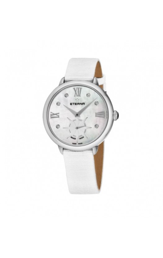 Eterna Women's 2801.41.66.1406 'Eternity' Mother of Pearl Diamond Dial White Gros Grain Strap Small Seconds Quartz Watch