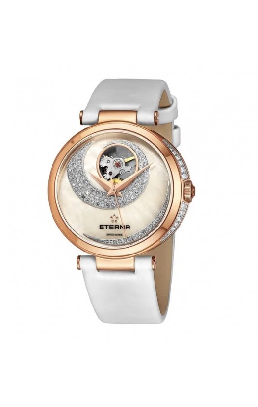 Eterna Women's 2943.60.69.1367 'Grace' White Mother of Pearl Open Art Diamond Dial White Satin Strap Automatic Watch