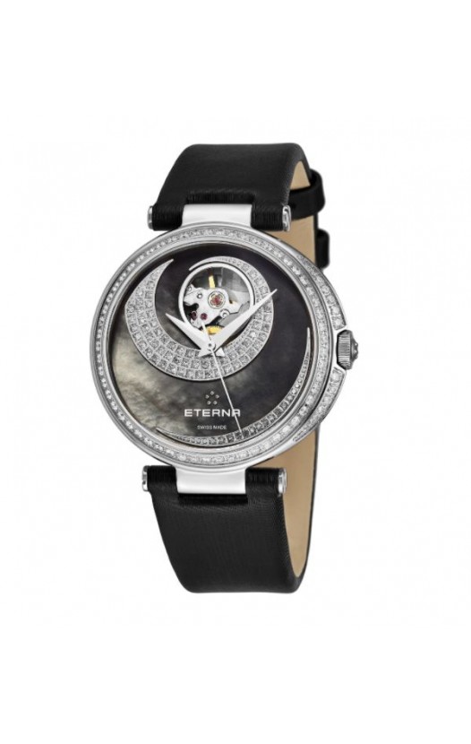 Eterna Women's 2943.54.89.1368 'Grace' Black Mother of Pearl Open Art Diamond Dial Black Satin Strap Automatic Watch