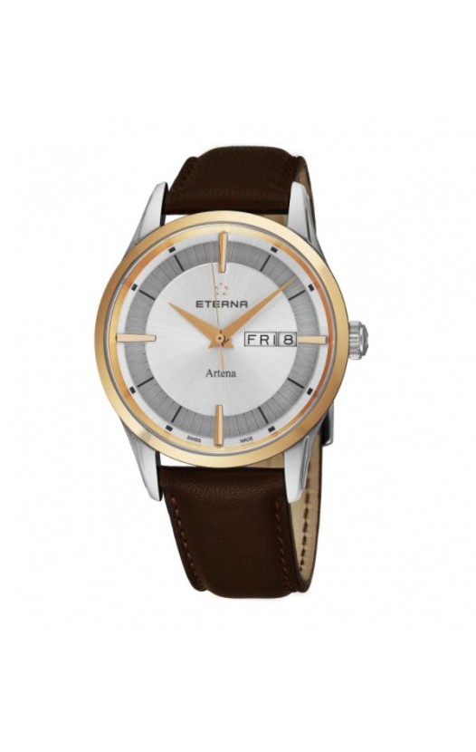 Eterna Men's 2525.53.11.1344 'Artena' Silver Dial Brown Leather Strap Two Tone Day Date Swiss Quartz Watch
