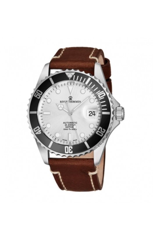 Revue Thommen's Men's 17571.2527 'Diver' Silver Dial Light Brown Leather Strap Swiss Automatic Watch
