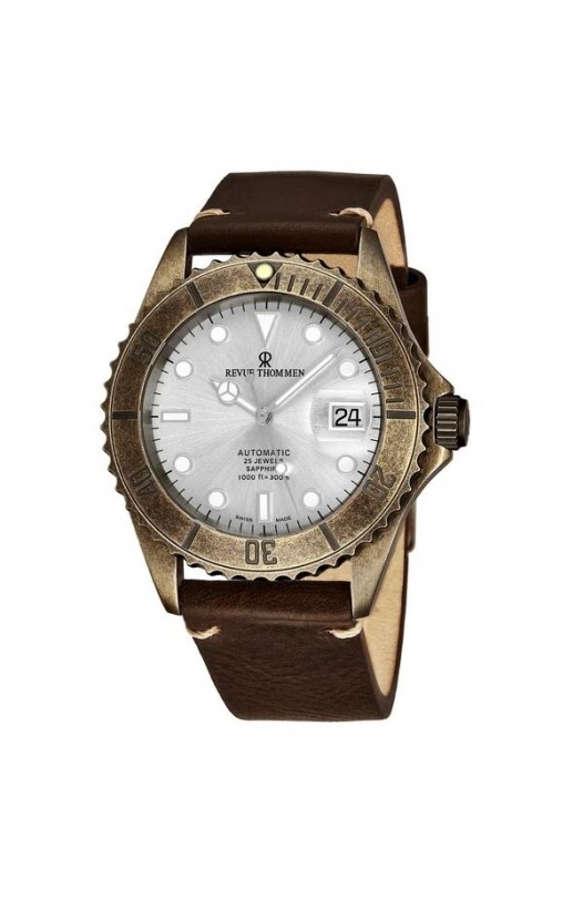 Revue Thommen 17571.2588 'Diver' Silver Dial Brown Leather Strap Gunmetal Automatic Watch