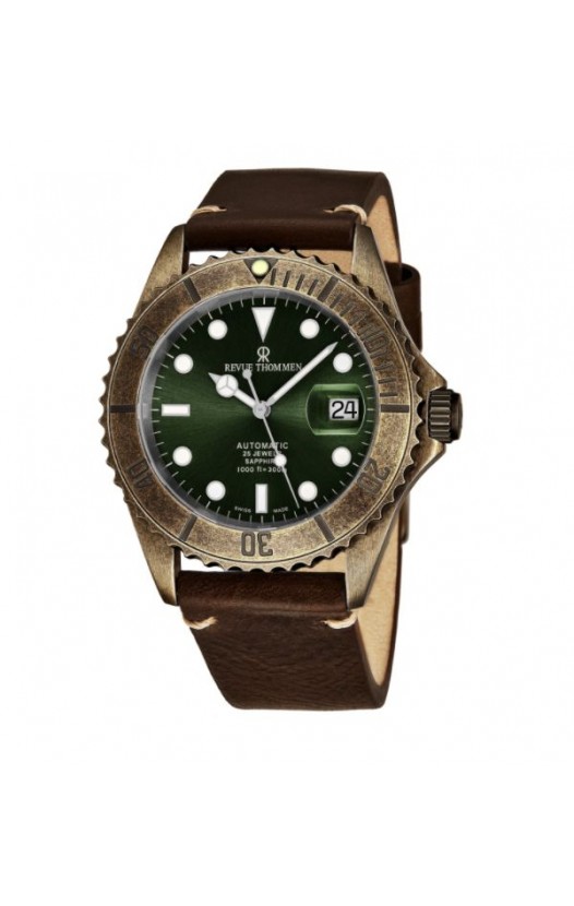Revue Thommen 17571.2583 'Diver' Green Dial Black Leather Strap Date Automatic Watch