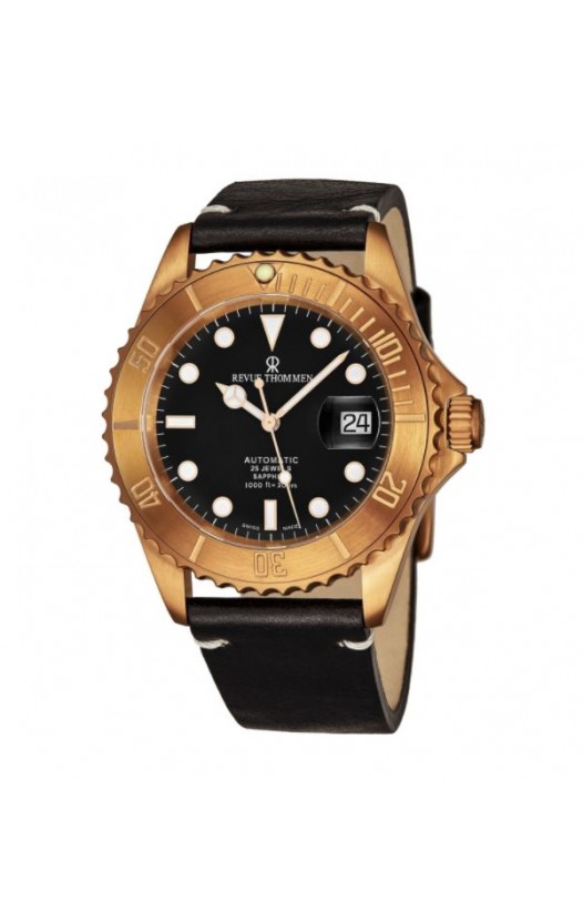 Revue Thommen Men's 1757.2597 'Diver' Black Dial Black Leather Strap Date Automatic Watch