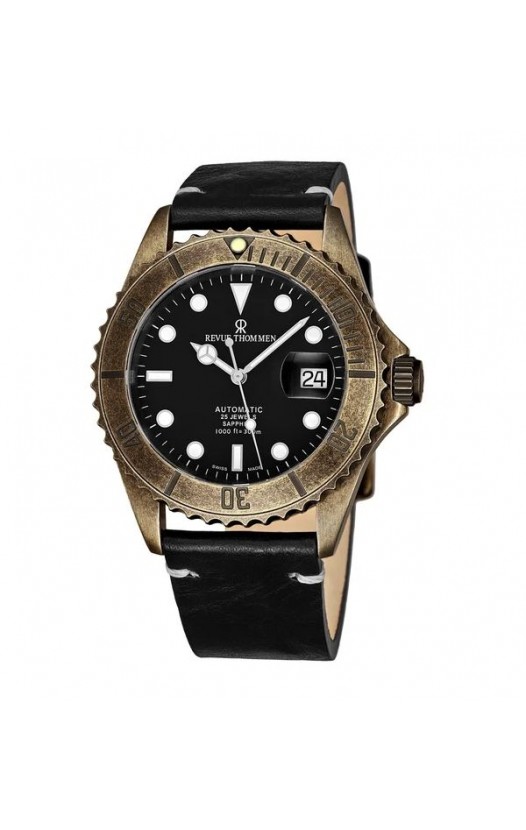 Revue Thommen 17571.2589 'Diver' Black Dial Brown Leather Strap Gunmetal Automatic Watch