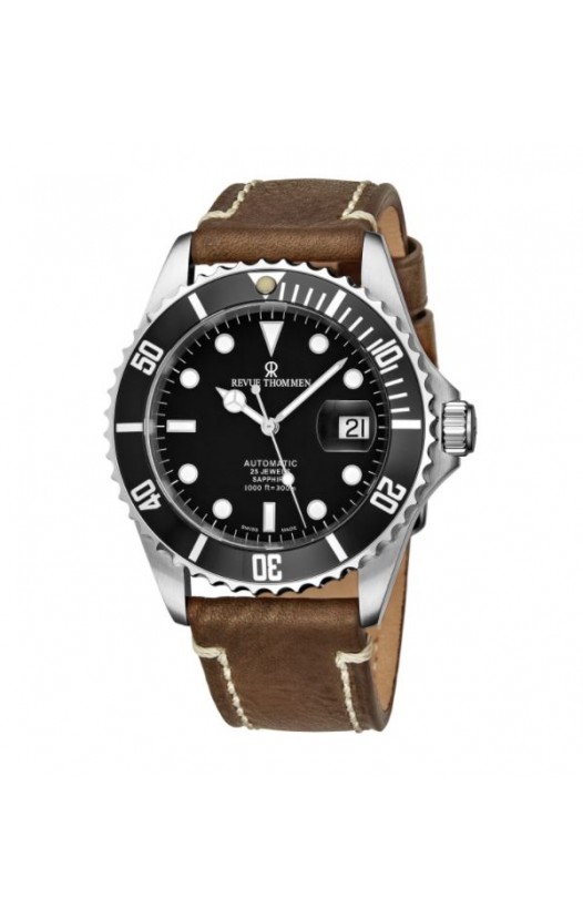 Revue Thommen Men's 17571.2537 'Diver' Black Dial Brown Suede Leather Strap Swiss Automatic Watch