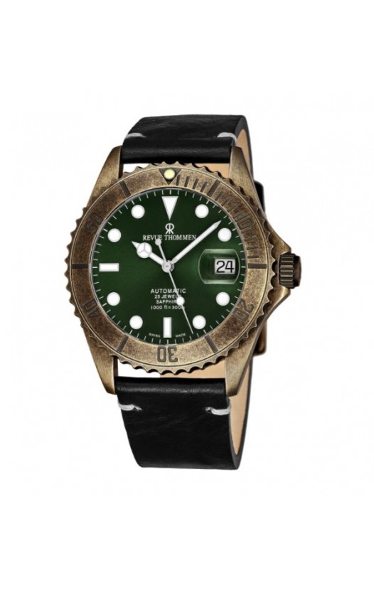 Revue Thommen 17571.2583 'Diver' Green Dial Black Leather Strap Date Automatic Watch